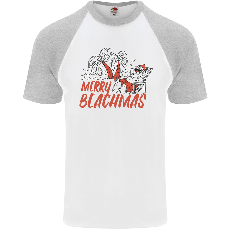 Merry Beachmas Funny Summer Santa Claus Mens S/S Baseball T-Shirt White/Sports Grey