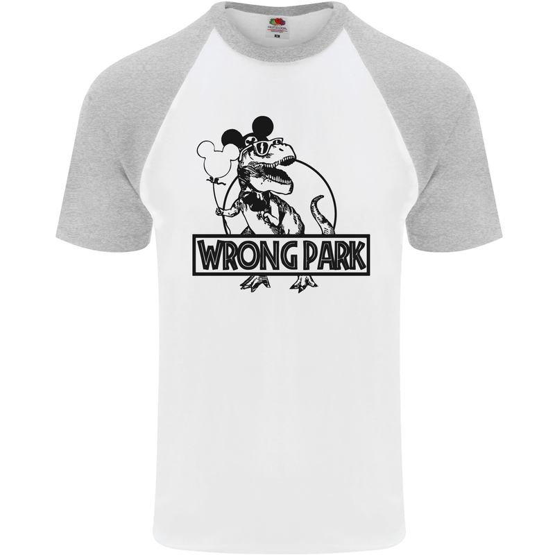 Wrong Park Funny T-Rex Dinosaur Jurrasic Mens S/S Baseball T-Shirt White/Sports Grey