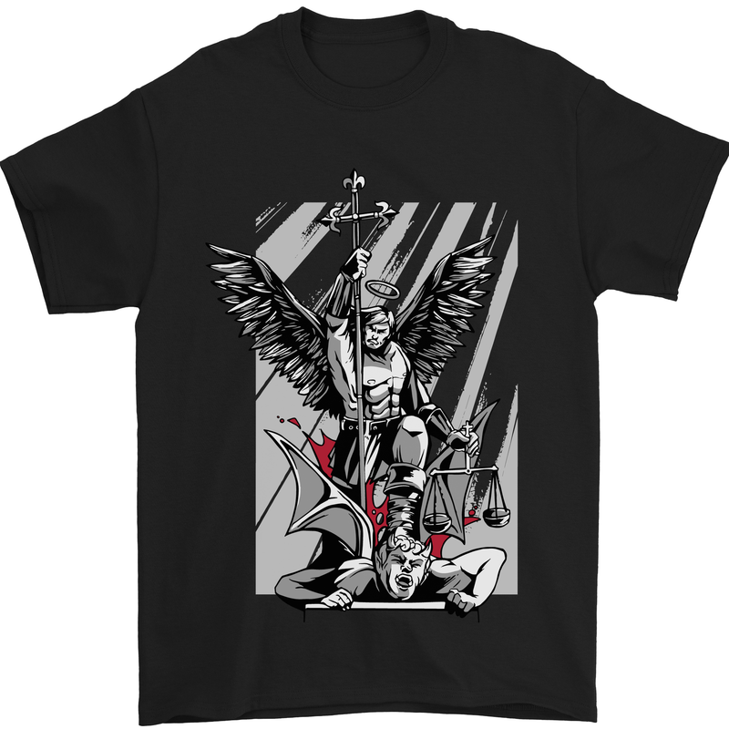 a black t - shirt with an angel holding a sword