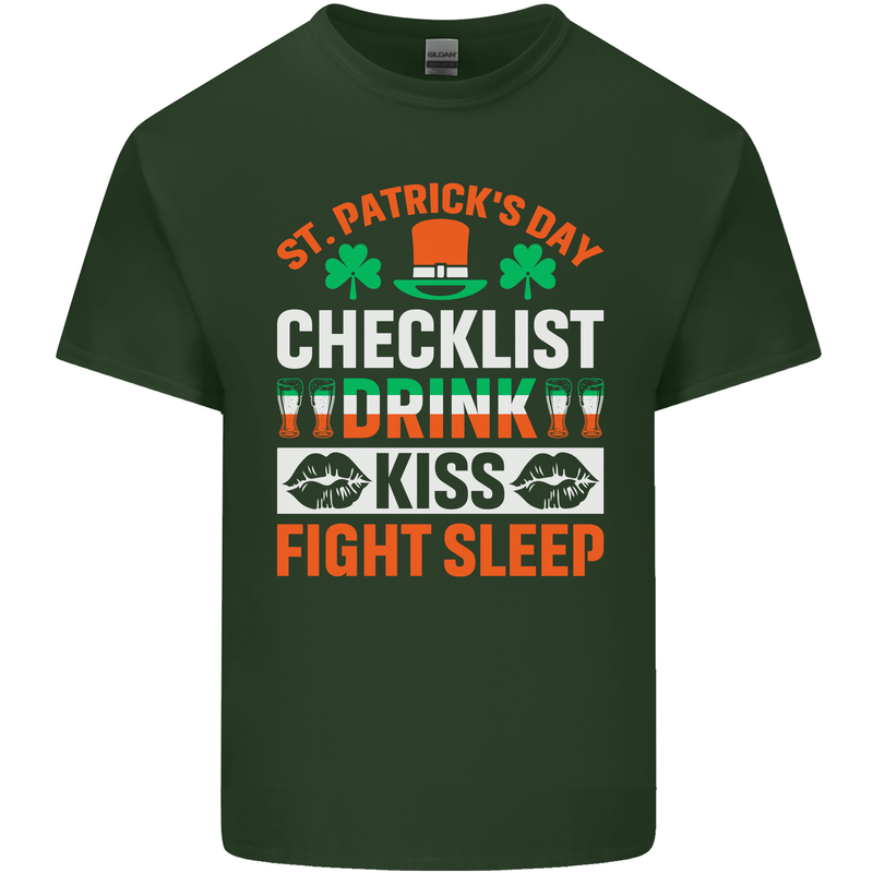 St Patricks Day Checklist Dring Kiss Fight Funny Mens Cotton T-Shirt Tee Top Forest Green