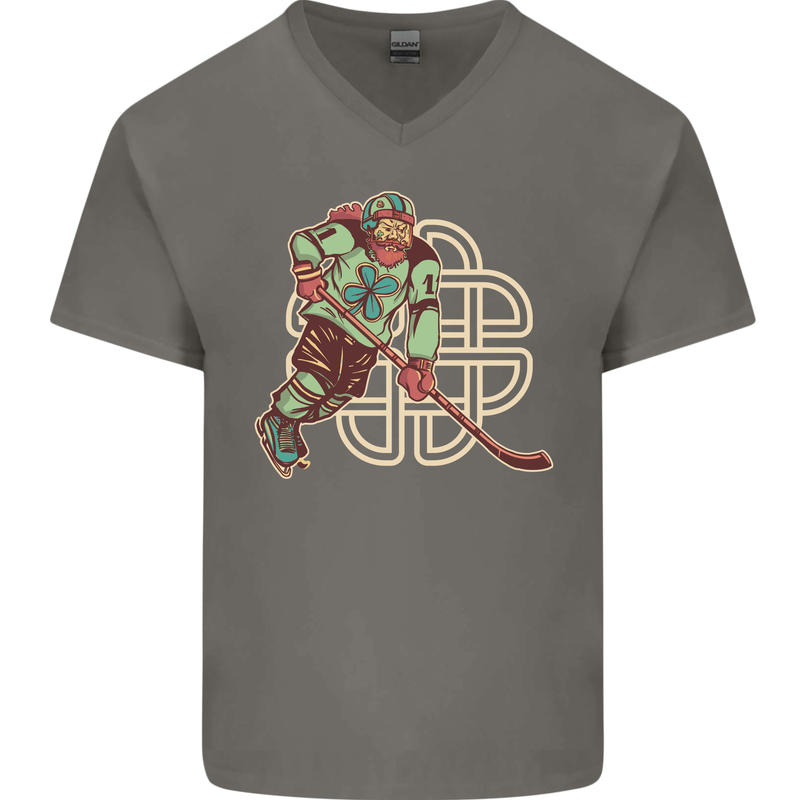 St Patricks Day Ice Hockey Mens V-Neck Cotton T-Shirt Charcoal