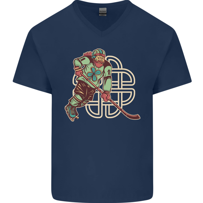 St Patricks Day Ice Hockey Mens V-Neck Cotton T-Shirt Navy Blue