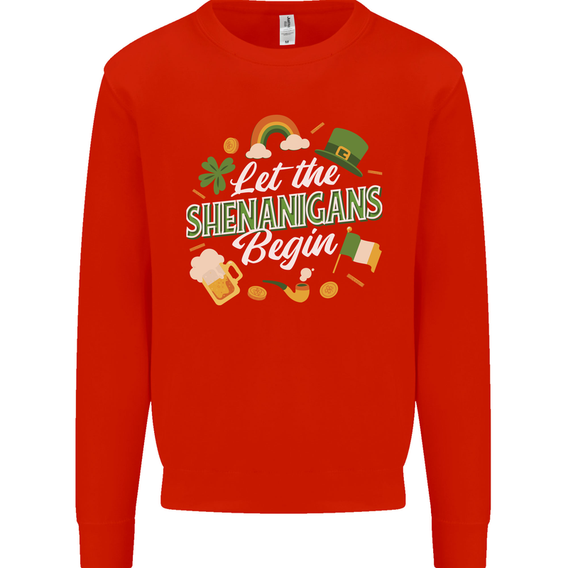 St Patricks Day Let the Shenanigans Begin Kids Sweatshirt Jumper Bright Red