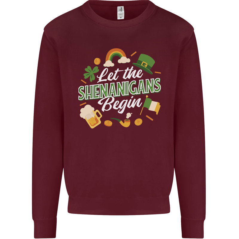 St Patricks Day Let the Shenanigans Begin Kids Sweatshirt Jumper Maroon