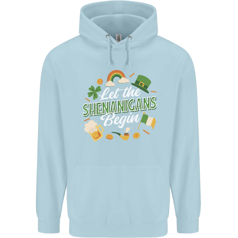 St Patricks Day Let the Shenanigans Begin Mens 80% Cotton Hoodie Light Blue