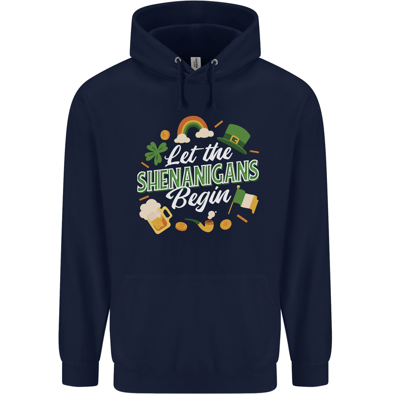 St Patricks Day Let the Shenanigans Begin Mens 80% Cotton Hoodie Navy Blue