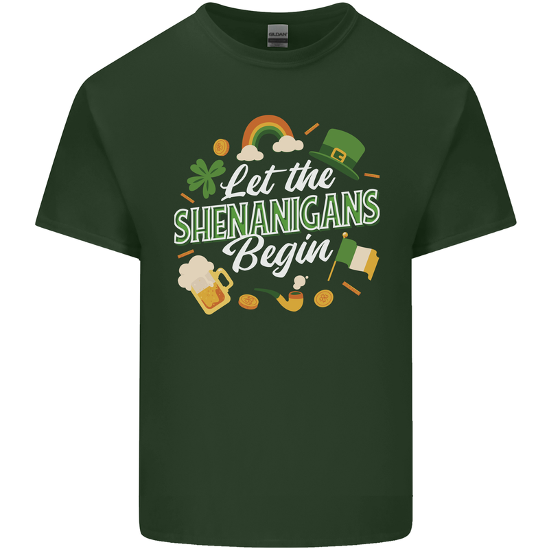 St Patricks Day Let the Shenanigans Begin Mens Cotton T-Shirt Tee Top Forest Green