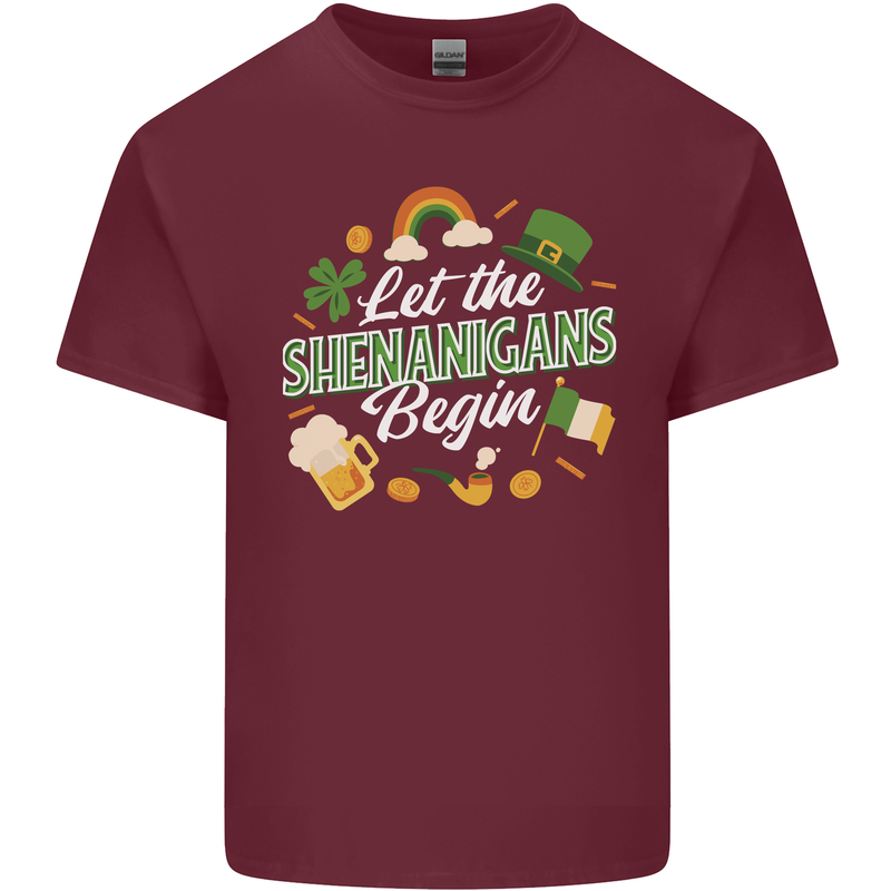 St Patricks Day Let the Shenanigans Begin Mens Cotton T-Shirt Tee Top Maroon