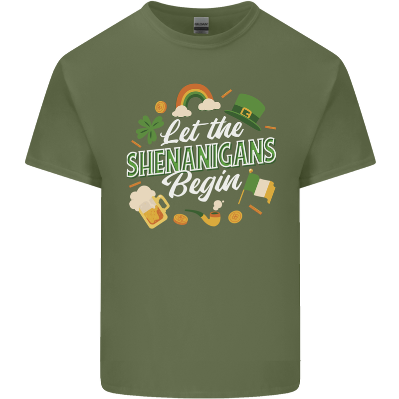 St Patricks Day Let the Shenanigans Begin Mens Cotton T-Shirt Tee Top Military Green