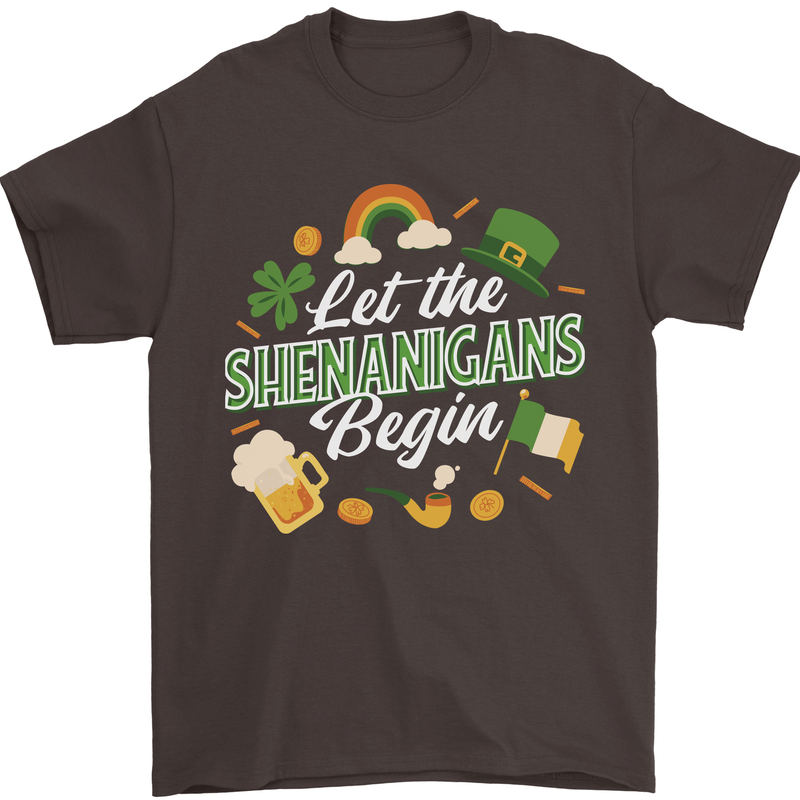 St Patricks Day Let the Shenanigans Begin Mens T-Shirt 100% Cotton Dark Chocolate