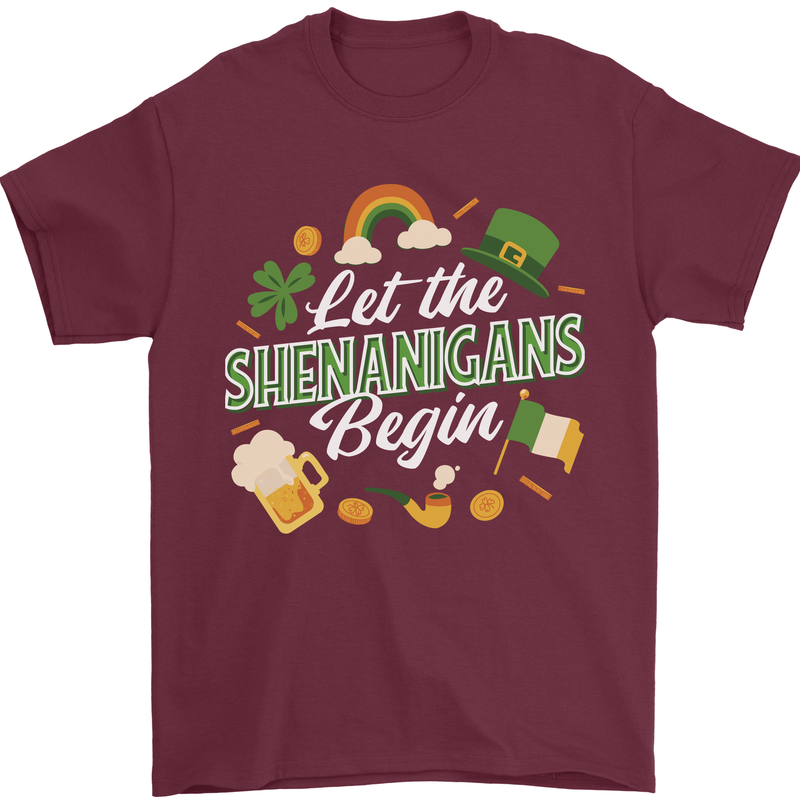 St Patricks Day Let the Shenanigans Begin Mens T-Shirt 100% Cotton Maroon