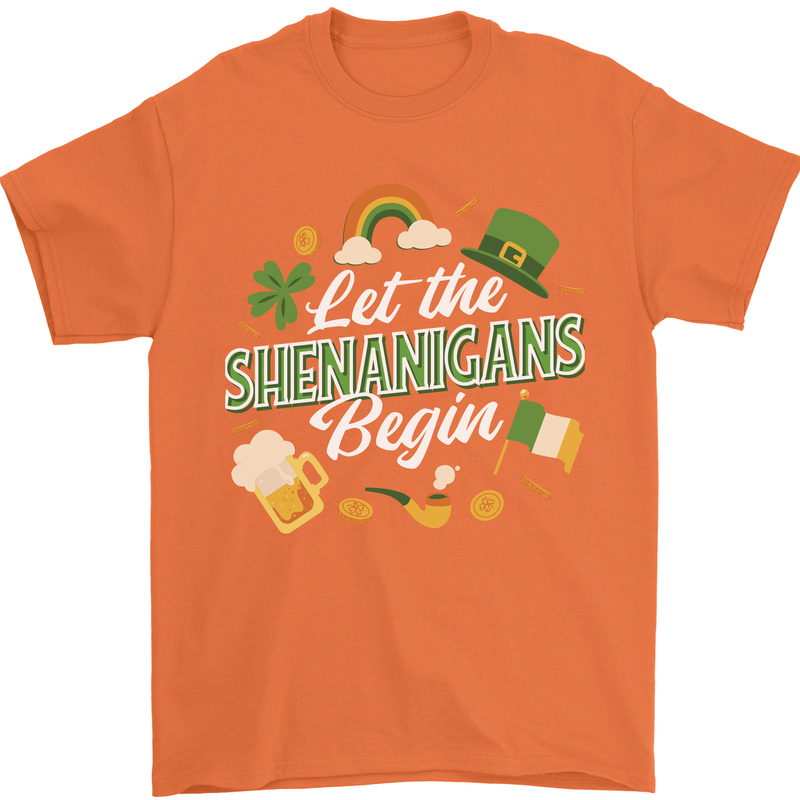 St Patricks Day Let the Shenanigans Begin Mens T-Shirt 100% Cotton Orange