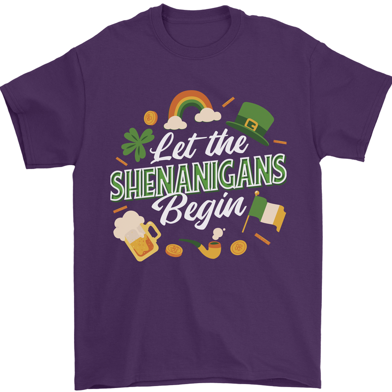 St Patricks Day Let the Shenanigans Begin Mens T-Shirt 100% Cotton Purple