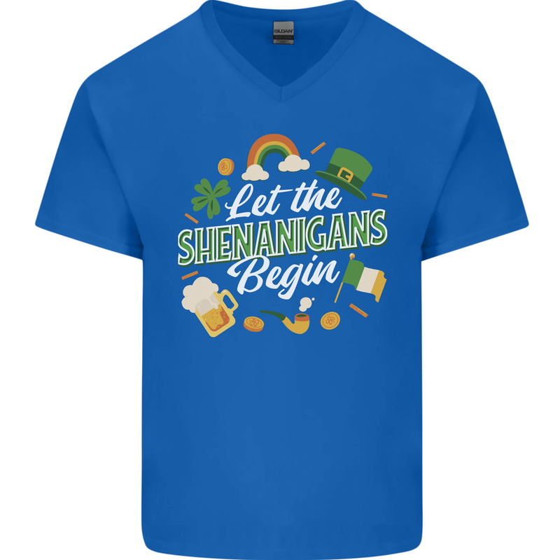 St Patricks Day Let the Shenanigans Begin Mens V-Neck Cotton T-Shirt Royal Blue