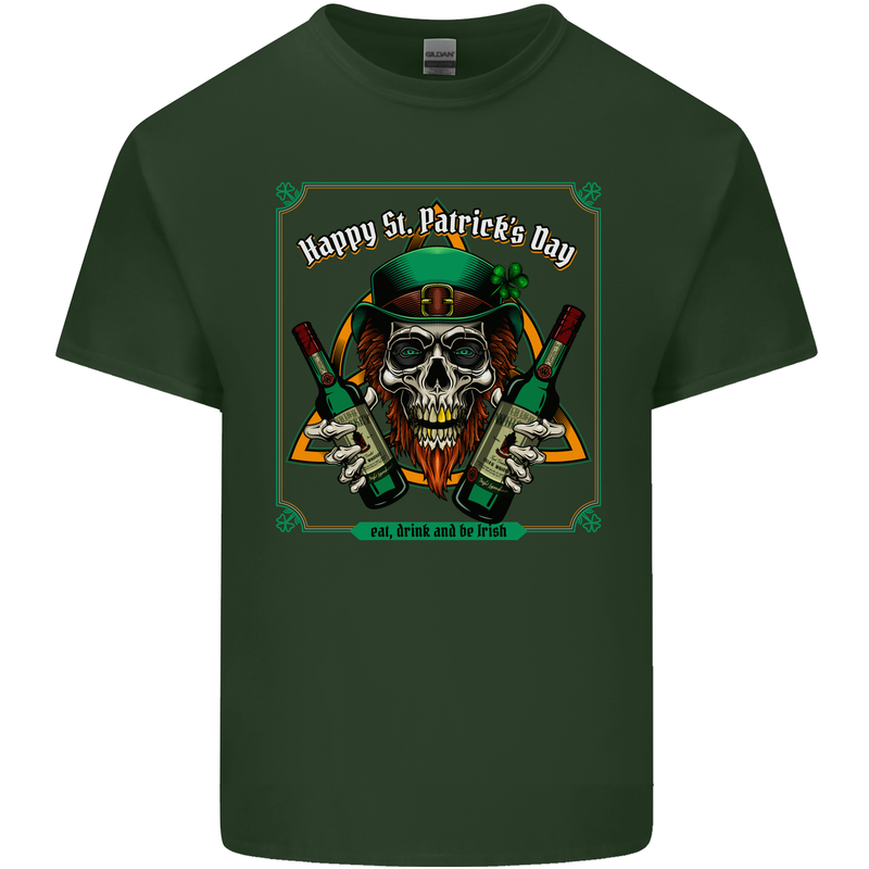 St Patricks Day Skull Beer Alcohol Mens Cotton T-Shirt Tee Top Forest Green