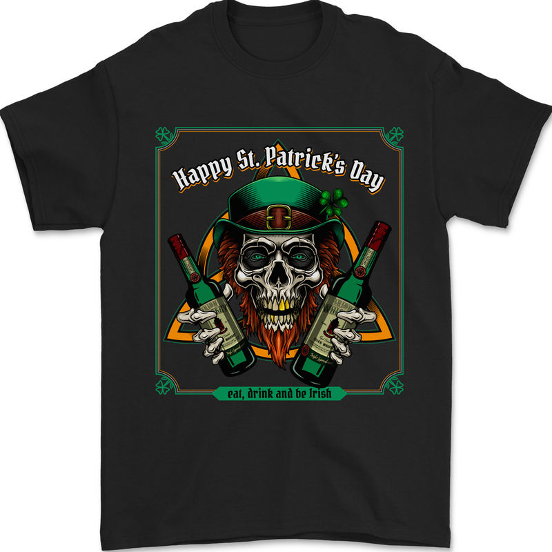 St Patricks Day Skull Beer Alcohol Mens T-Shirt 100% Cotton Black