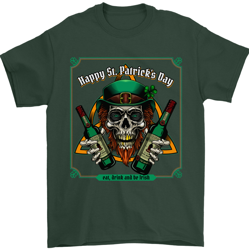 St Patricks Day Skull Beer Alcohol Mens T-Shirt 100% Cotton Forest Green