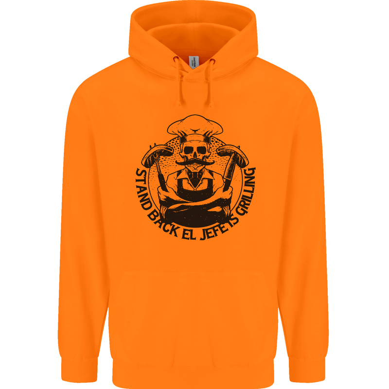 Stand Back El Jefe is Grilling Funny BBQ Skull Childrens Kids Hoodie Orange