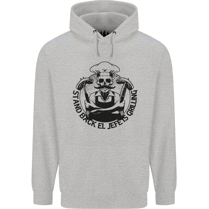 Stand Back El Jefe is Grilling Funny BBQ Skull Childrens Kids Hoodie Sports Grey