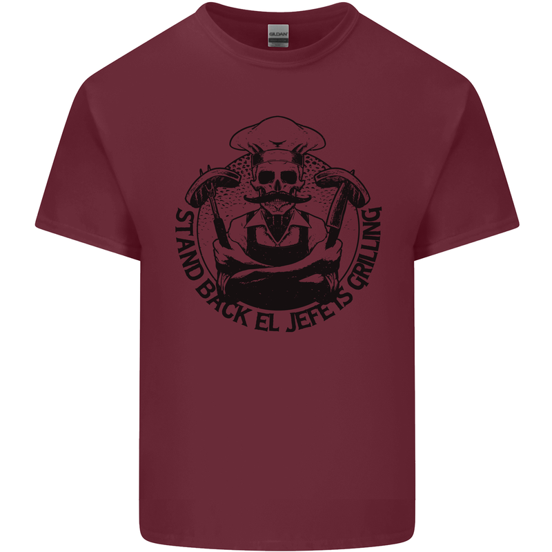 Stand Back El Jefe is Grilling Funny BBQ Skull Mens Cotton T-Shirt Tee Top Maroon