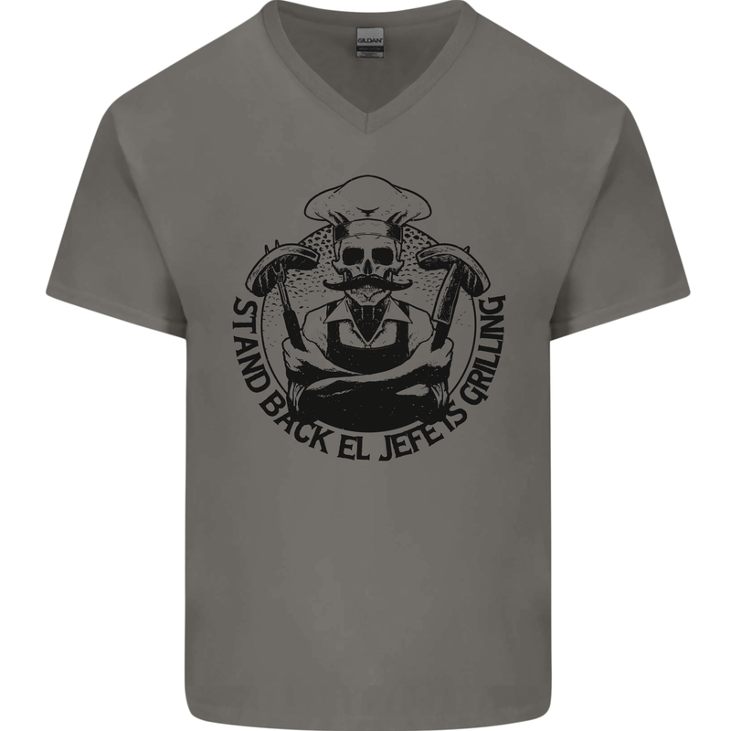 Stand Back El Jefe is Grilling Funny BBQ Skull Mens V-Neck Cotton T-Shirt Charcoal