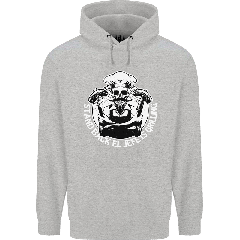 Stand Back El Jefe is Grilling Funny Skull BBQ Childrens Kids Hoodie Sports Grey