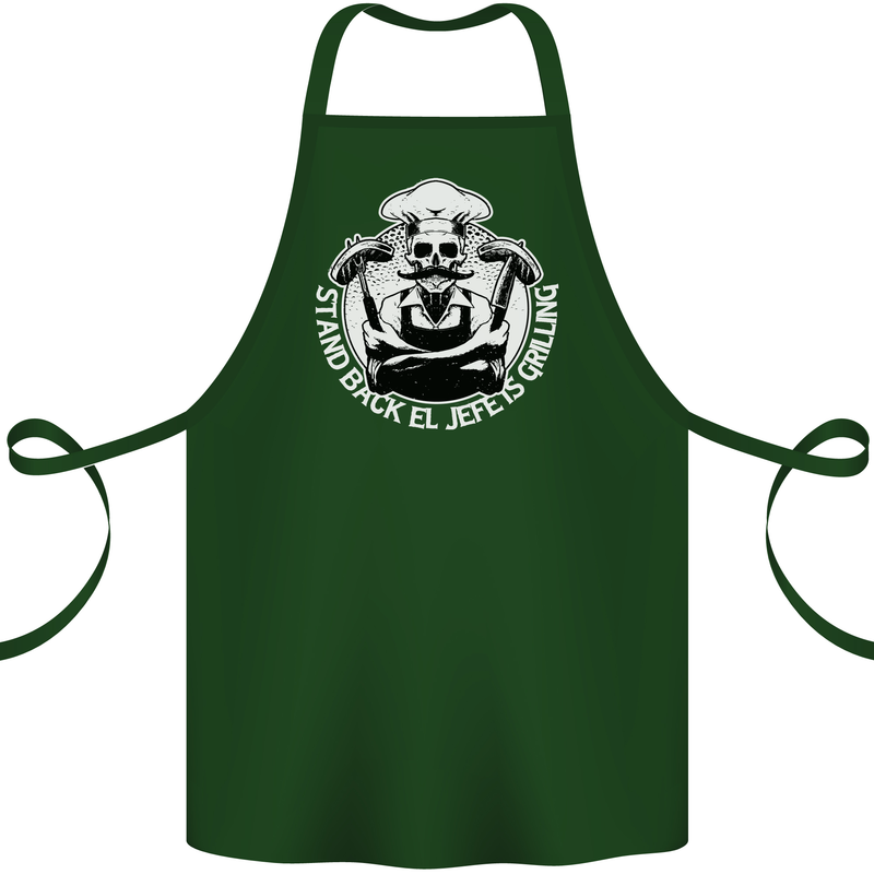 Stand Back El Jefe is Grilling Funny Skull BBQ Cotton Apron 100% Organic Forest Green
