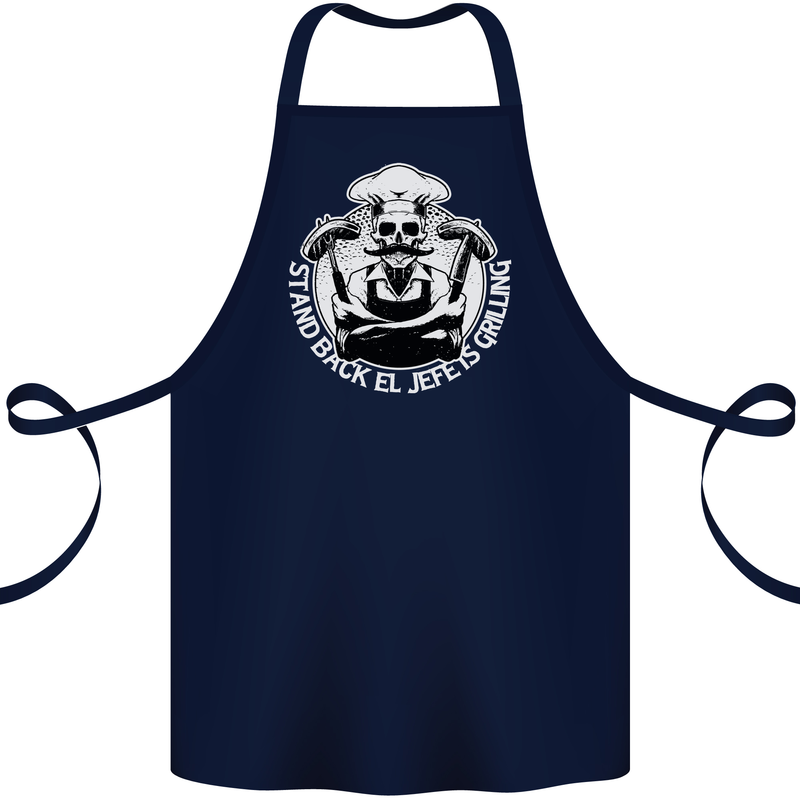 Stand Back El Jefe is Grilling Funny Skull BBQ Cotton Apron 100% Organic Navy Blue