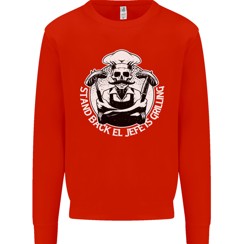 Stand Back El Jefe is Grilling Funny Skull BBQ Kids Sweatshirt Jumper Bright Red