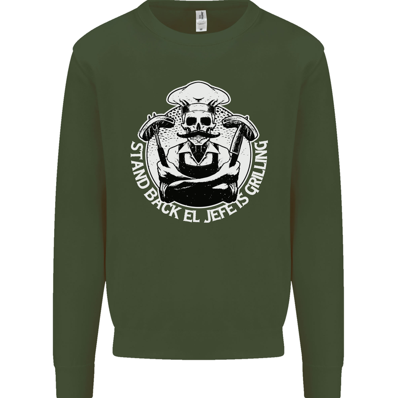 Stand Back El Jefe is Grilling Funny Skull BBQ Kids Sweatshirt Jumper Forest Green