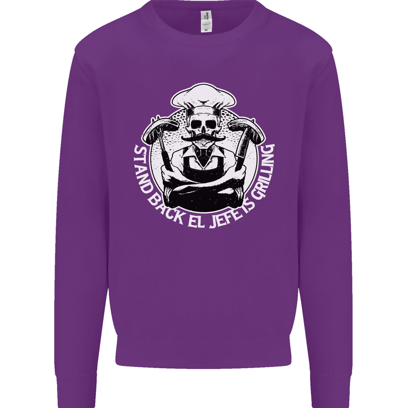 Stand Back El Jefe is Grilling Funny Skull BBQ Kids Sweatshirt Jumper Purple
