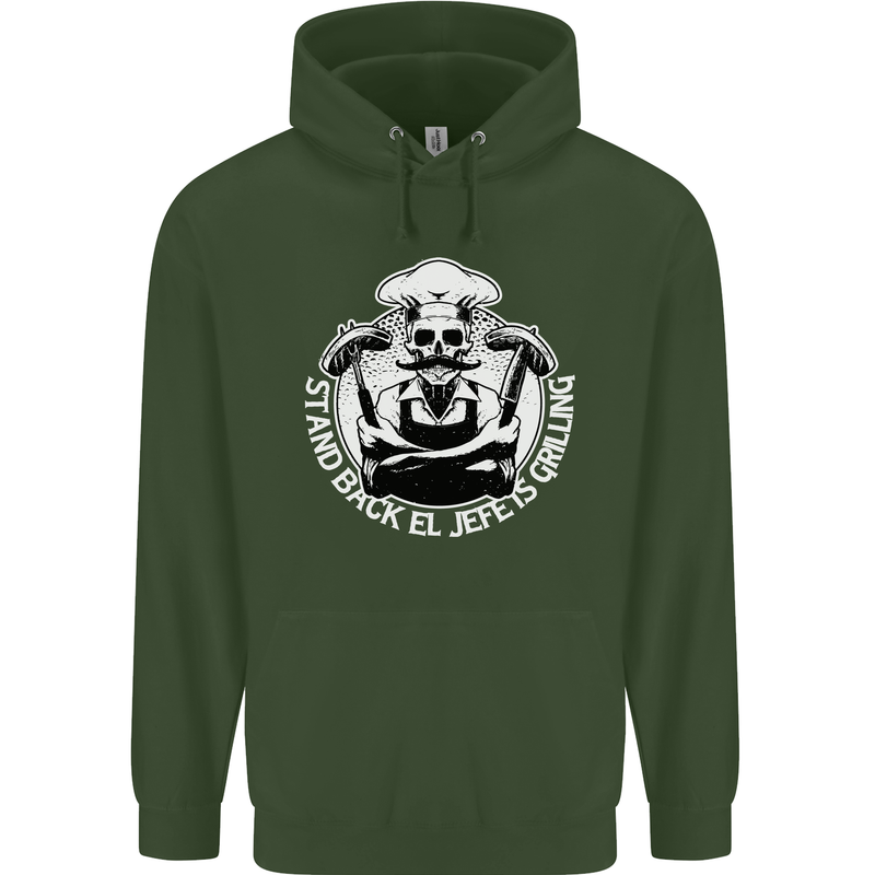 Stand Back El Jefe is Grilling Funny Skull BBQ Mens 80% Cotton Hoodie Forest Green