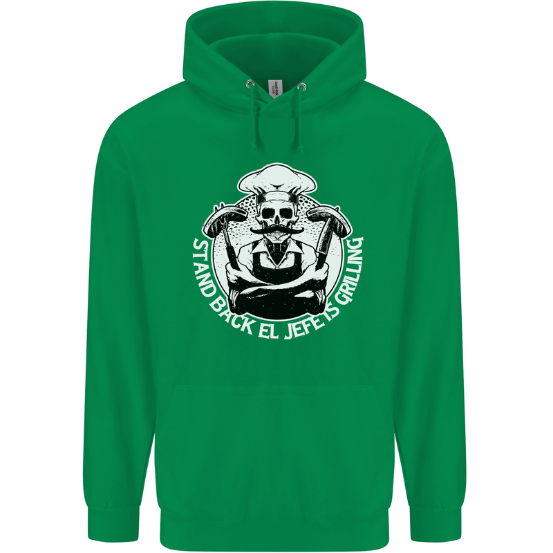 Stand Back El Jefe is Grilling Funny Skull BBQ Mens 80% Cotton Hoodie Irish Green