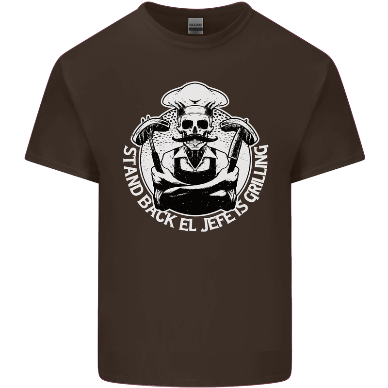 Stand Back El Jefe is Grilling Funny Skull BBQ Mens Cotton T-Shirt Tee Top Dark Chocolate