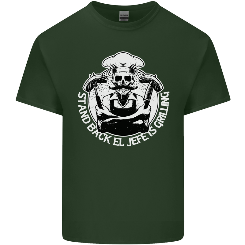 Stand Back El Jefe is Grilling Funny Skull BBQ Mens Cotton T-Shirt Tee Top Forest Green