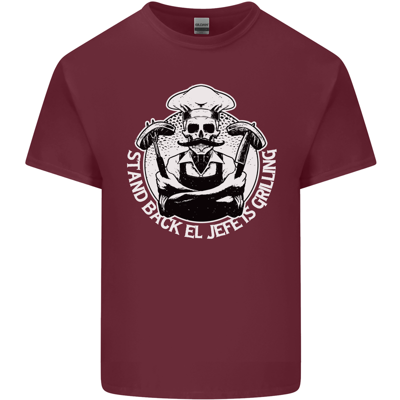 Stand Back El Jefe is Grilling Funny Skull BBQ Mens Cotton T-Shirt Tee Top Maroon
