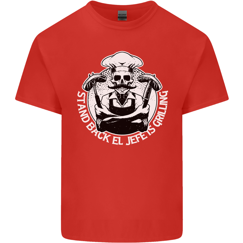 Stand Back El Jefe is Grilling Funny Skull BBQ Mens Cotton T-Shirt Tee Top Red