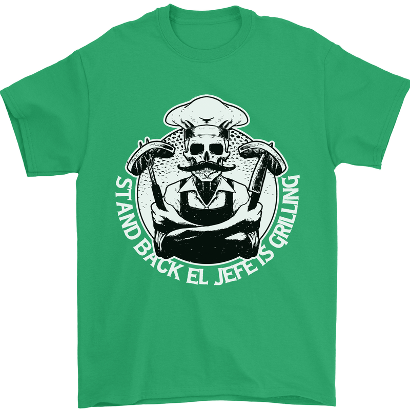 Stand Back El Jefe is Grilling Funny Skull BBQ Mens T-Shirt 100% Cotton Irish Green