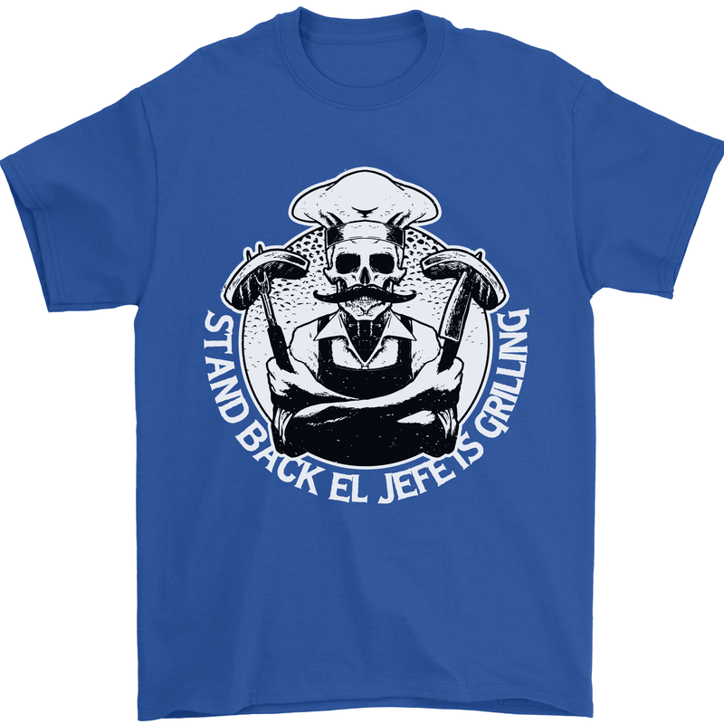 Stand Back El Jefe is Grilling Funny Skull BBQ Mens T-Shirt 100% Cotton Royal Blue