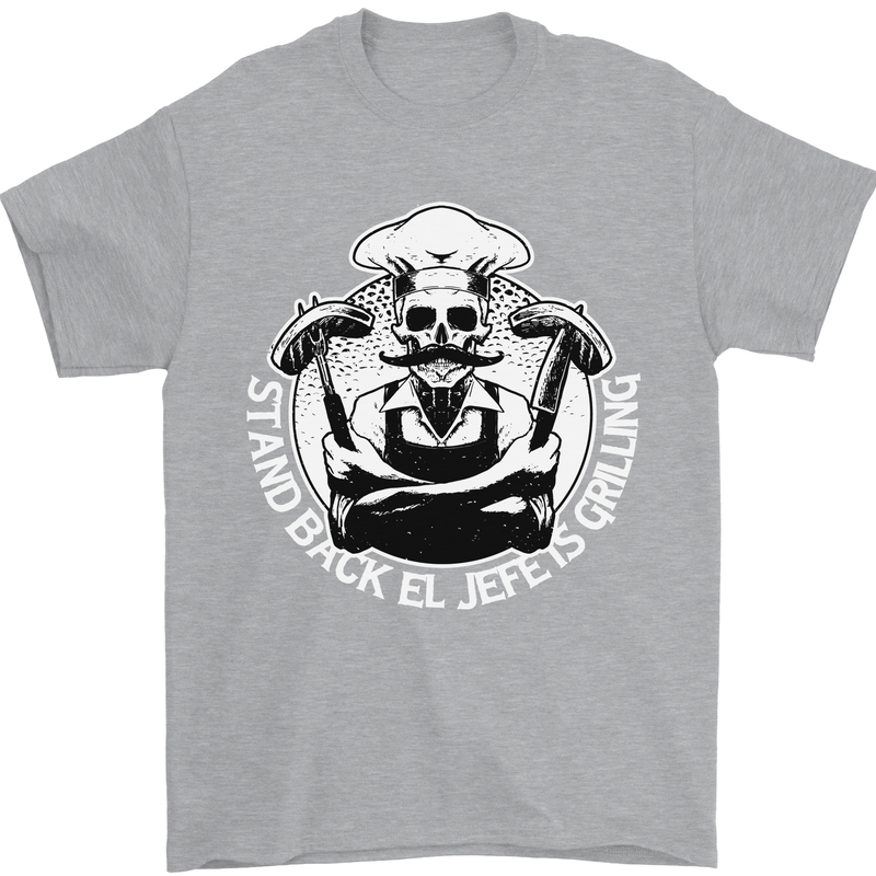 Stand Back El Jefe is Grilling Funny Skull BBQ Mens T-Shirt 100% Cotton Sports Grey