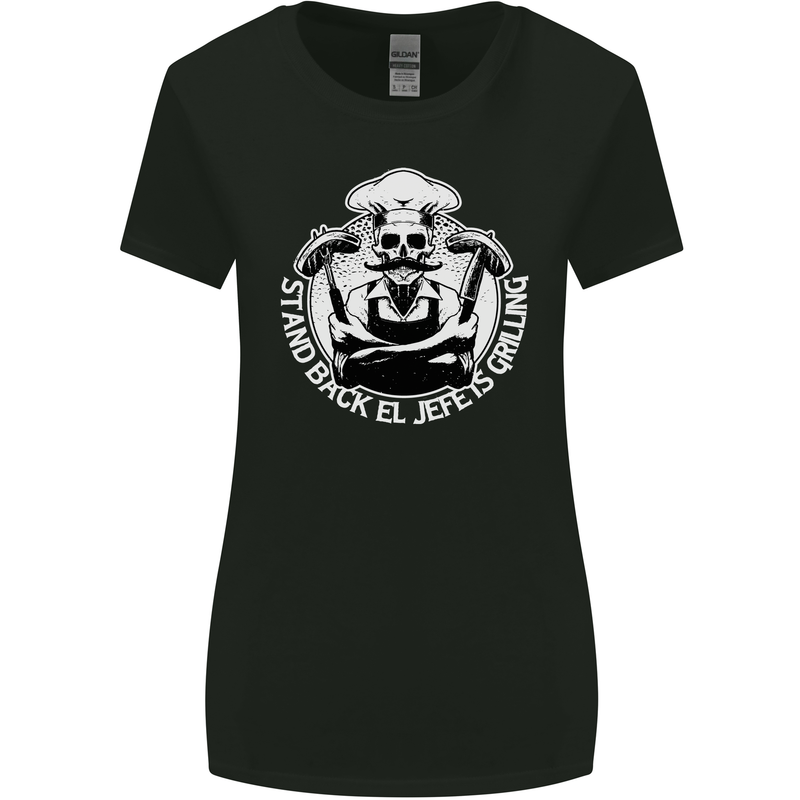Stand Back El Jefe is Grilling Funny Skull BBQ Womens Wider Cut T-Shirt Black