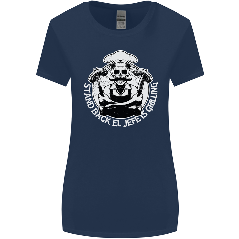 Stand Back El Jefe is Grilling Funny Skull BBQ Womens Wider Cut T-Shirt Navy Blue