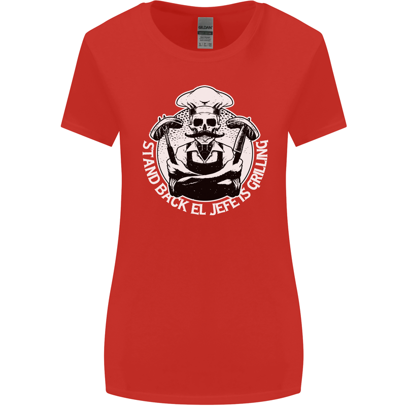 Stand Back El Jefe is Grilling Funny Skull BBQ Womens Wider Cut T-Shirt Red