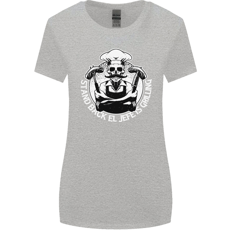 Stand Back El Jefe is Grilling Funny Skull BBQ Womens Wider Cut T-Shirt Sports Grey
