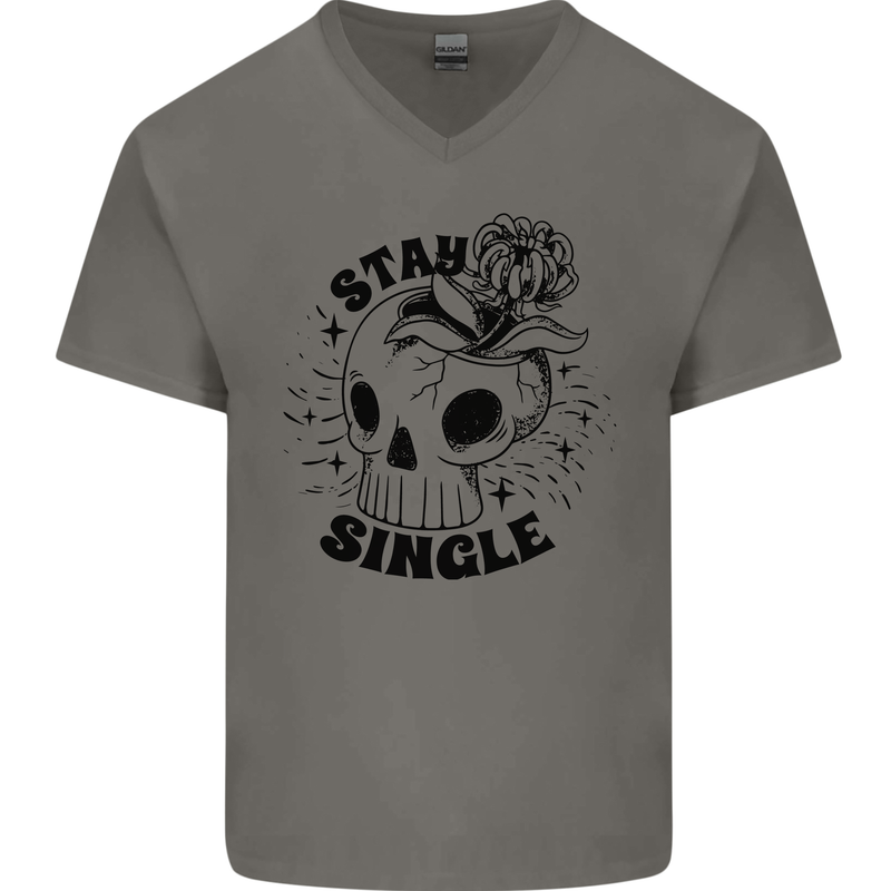 Stay Single Anti Valentines Singles Day Skull Mens V-Neck Cotton T-Shirt Charcoal