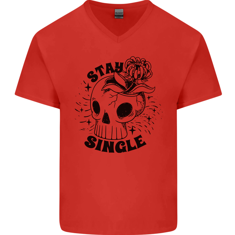Stay Single Anti Valentines Singles Day Skull Mens V-Neck Cotton T-Shirt Red