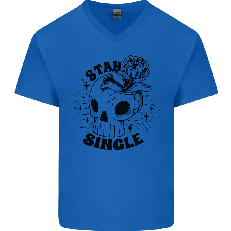 Stay Single Anti Valentines Singles Day Skull Mens V-Neck Cotton T-Shirt Royal Blue