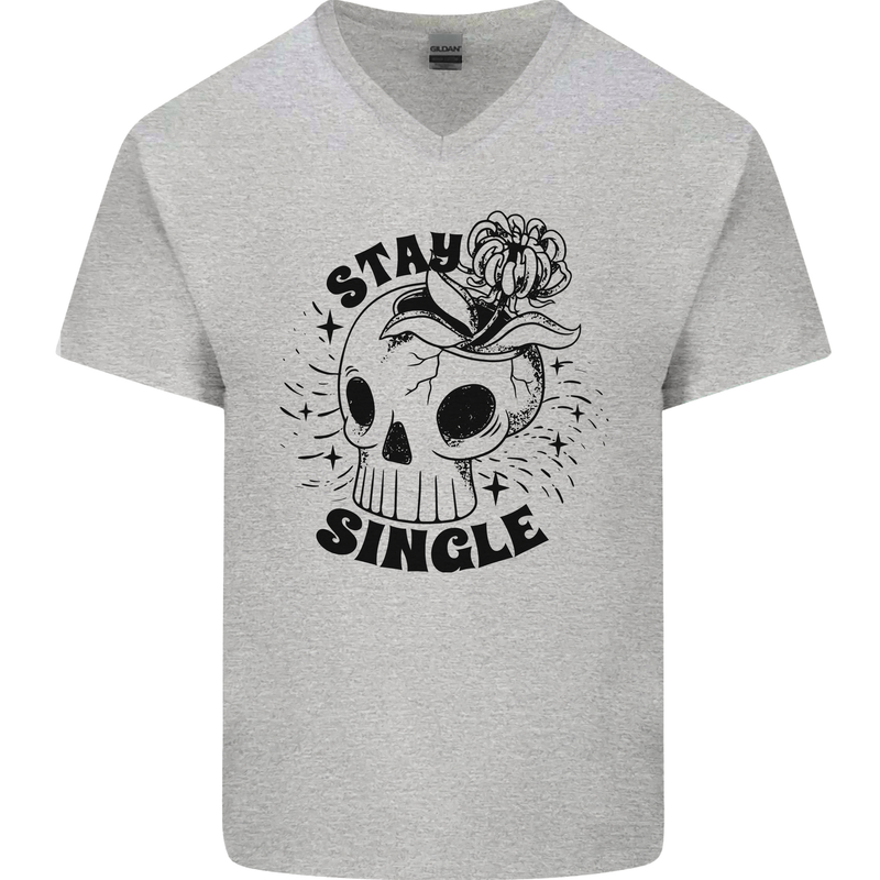 Stay Single Anti Valentines Singles Day Skull Mens V-Neck Cotton T-Shirt Sports Grey