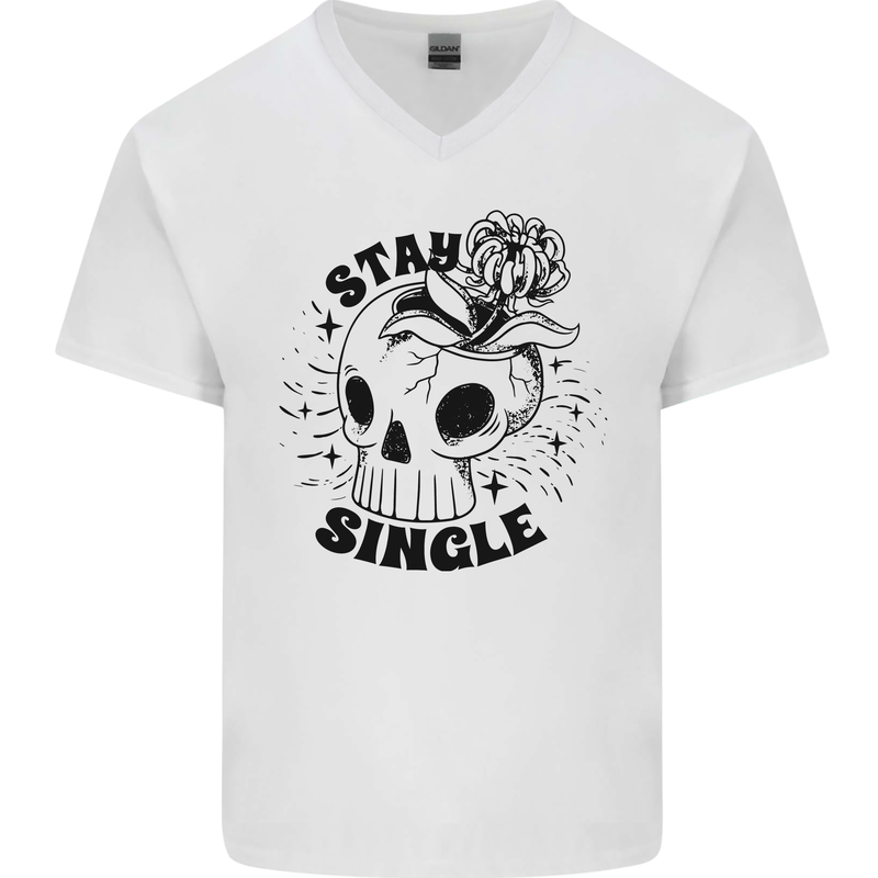 Stay Single Anti Valentines Singles Day Skull Mens V-Neck Cotton T-Shirt White