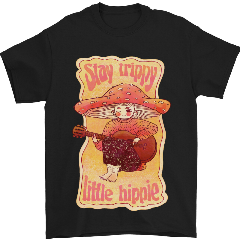 a black t - shirt with an image of a little hippie playing a guitar